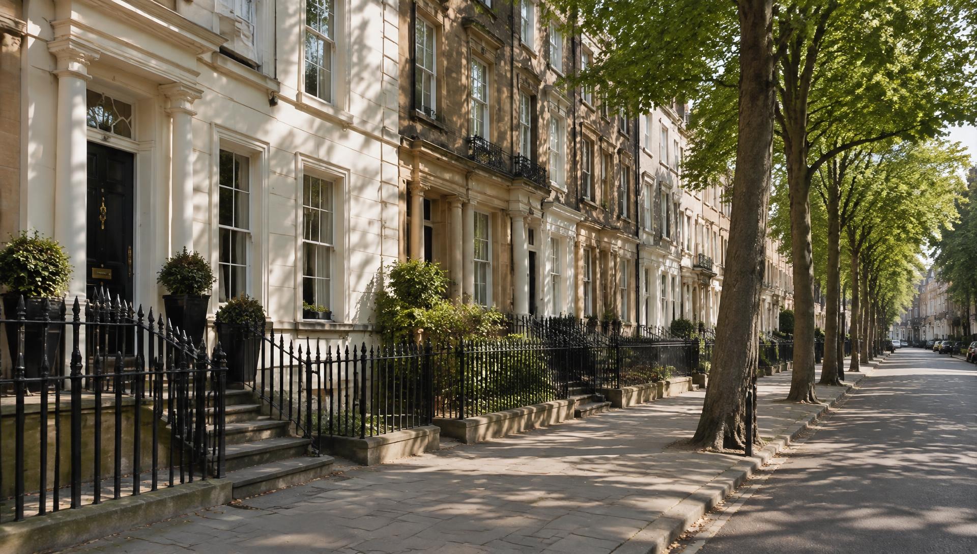 Georgian terraced townhouses behind wrought-iron railings